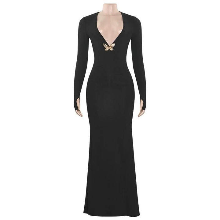 V neck long sleeve butterfly applique maxi dress-final-sale