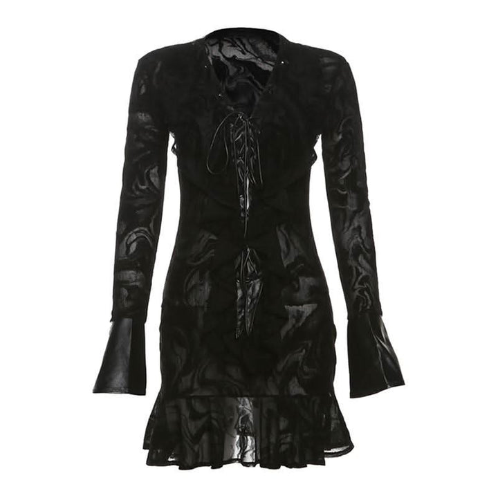 Long sleeve v neck self tie ripple button mini dress  | Festival Outfits Women