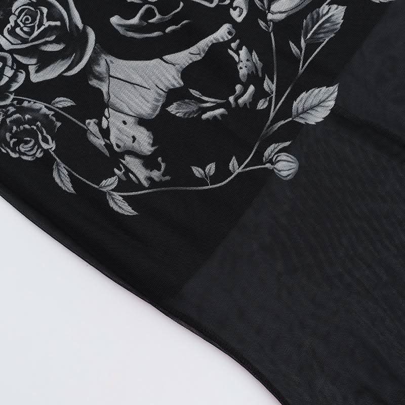 U neck skull print mesh backless cami maxi dress  | Festival Outfits Women-final-sale