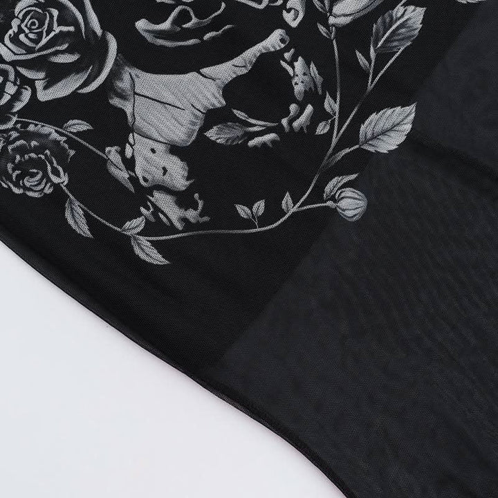 U neck skull print mesh backless cami maxi dress  | Festival Outfits Women-final-sale