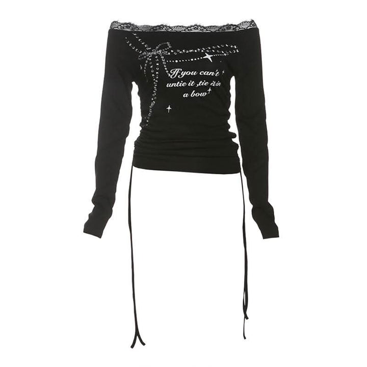 Long sleeve off shoulder lace hem print self tie top  | Festival Outfits Women