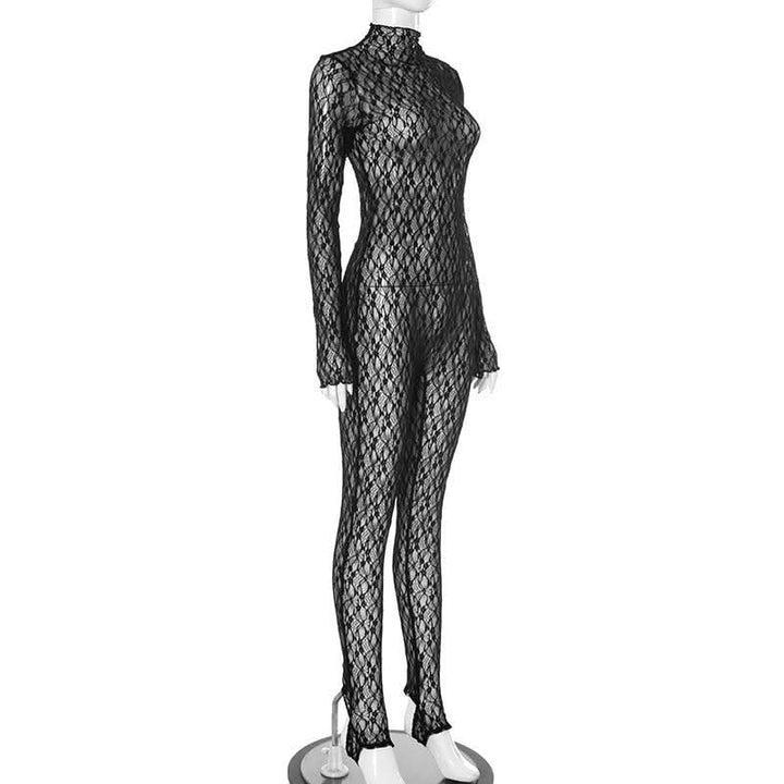 Long sleeve lace high neck zip-up see through jumpsuit  | Festival Outfits Women