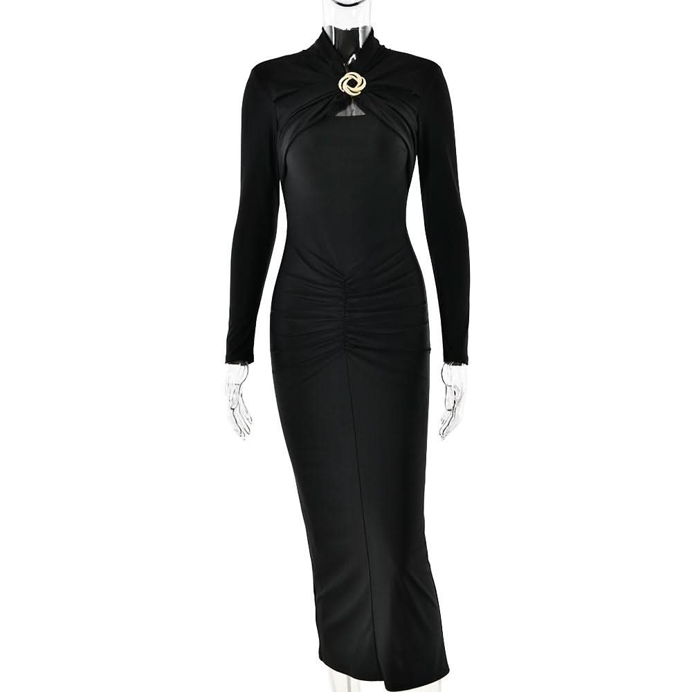Hollow out long sleeve ruched slit solid cut out midi dress  | Festival Outfits Women