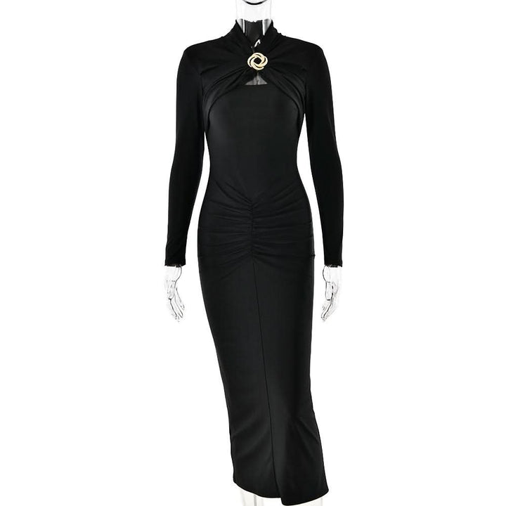 Hollow out long sleeve ruched slit solid cut out midi dress  | Festival Outfits Women
