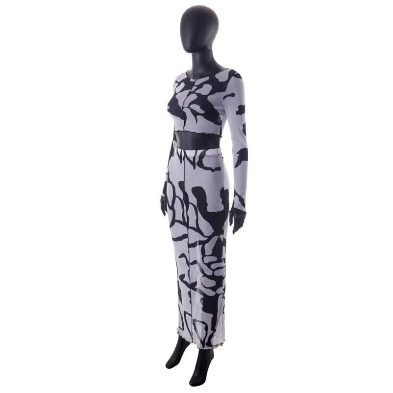 Sheer mesh see through long sleeve stitch contrast maxi skirt set-final-sale  | Festival Outfits Women