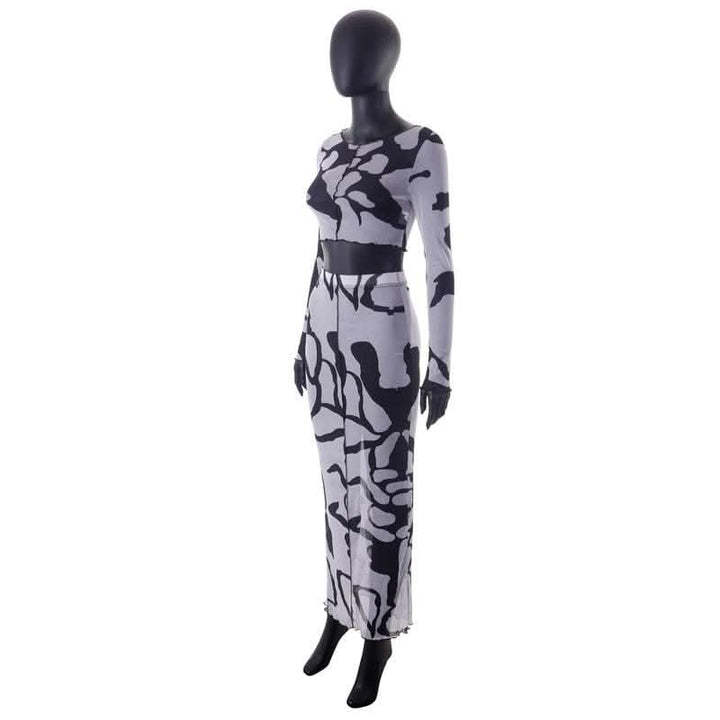 Sheer mesh see through long sleeve stitch contrast maxi skirt set-final-sale  | Festival Outfits Women