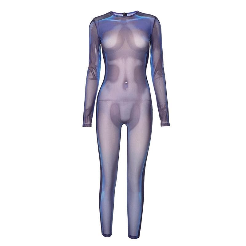 Long sleeve crewneck body print zip-up sheer mesh jumpsuit  | Festival Outfits Women