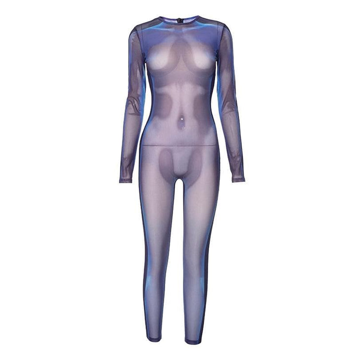 Long sleeve crewneck body print zip-up sheer mesh jumpsuit  | Festival Outfits Women