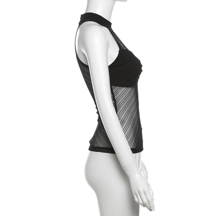 High neck ruched hollow out mesh zip-up tank cut out top  | Festival Outfits Women