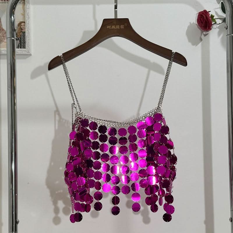 Glitter metal chain hollow out square neck cami cut out top  | Festival Outfits Women