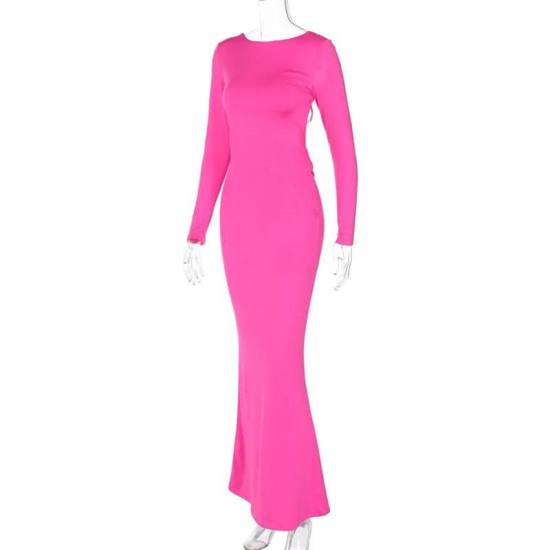 Long sleeve backless lace up ruched solid maxi dress-final-sale  | Festival Outfits Women