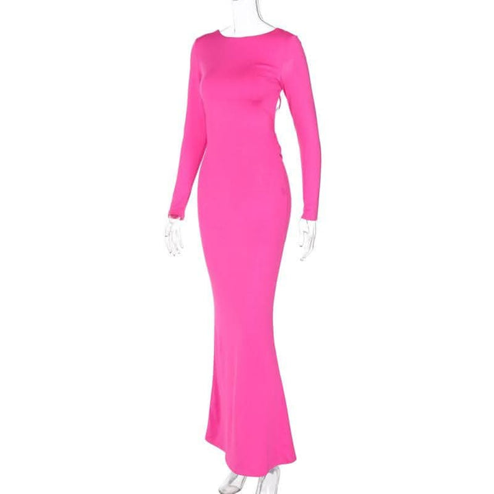 Long sleeve backless lace up ruched solid maxi dress-final-sale  | Festival Outfits Women