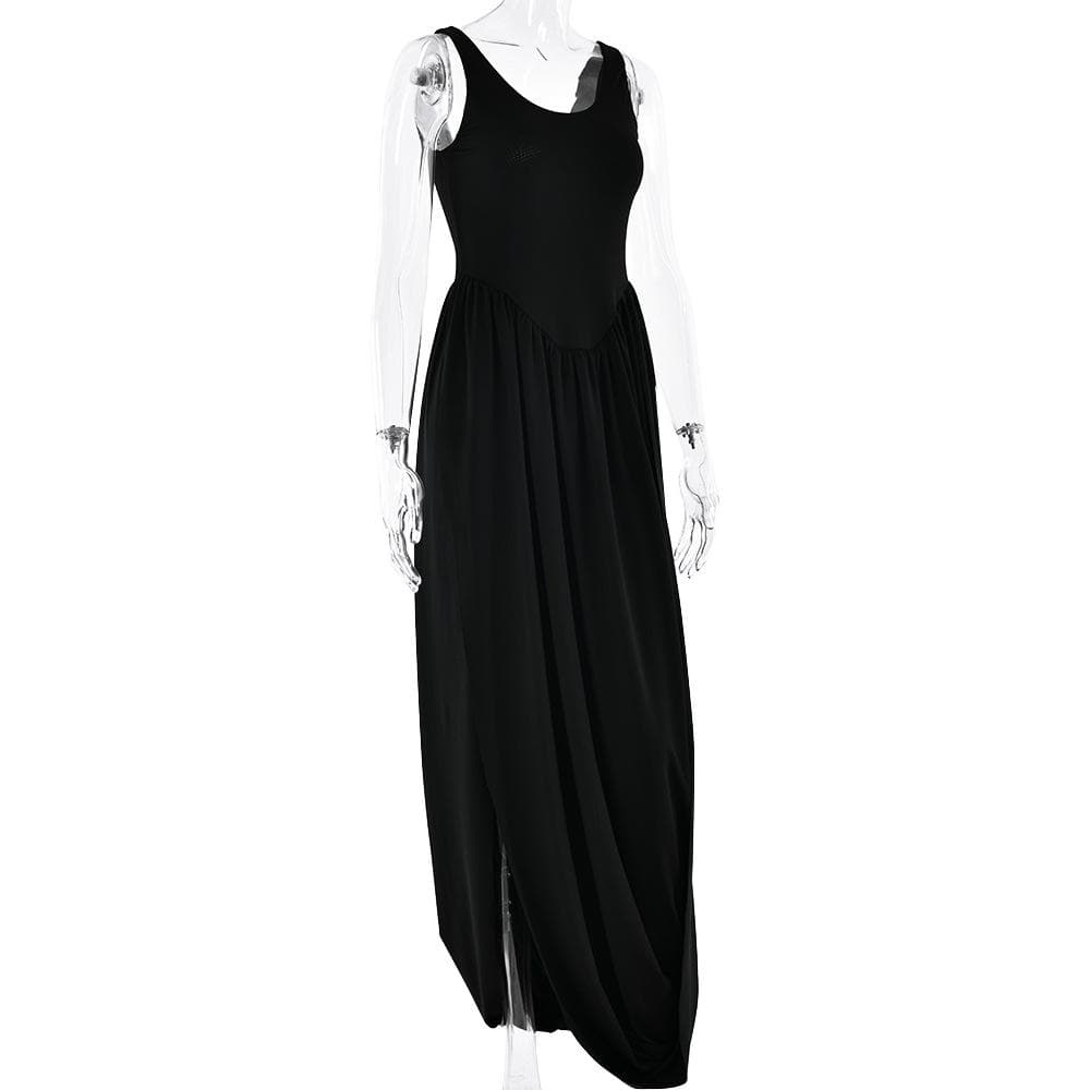 U neck ruched solid backless cami maxi dress  | Festival Outfits Women