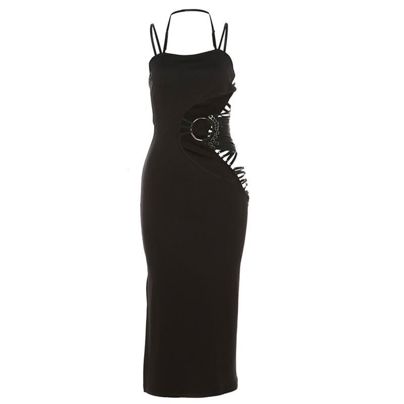 Irregular hollow out halter o ring cami slit cut out midi dress  | Festival Outfits Women