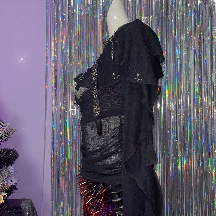 One shoulder long sleeve buckle cross pattern top  | Festival Outfits Women