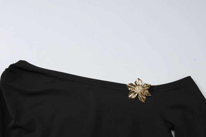 One shoulder long sleeve flower applique maxi skirt set  | Festival Outfits Women