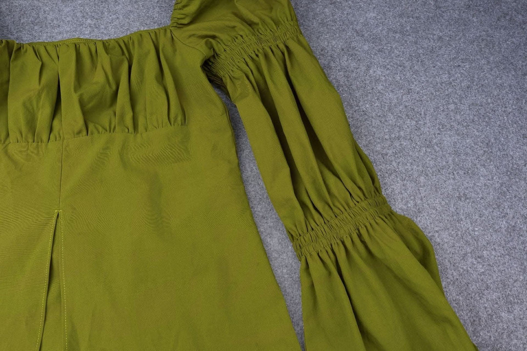 Flared pleated sleeve smocked square neck slit solid top-final-sale  | Festival Outfits Women