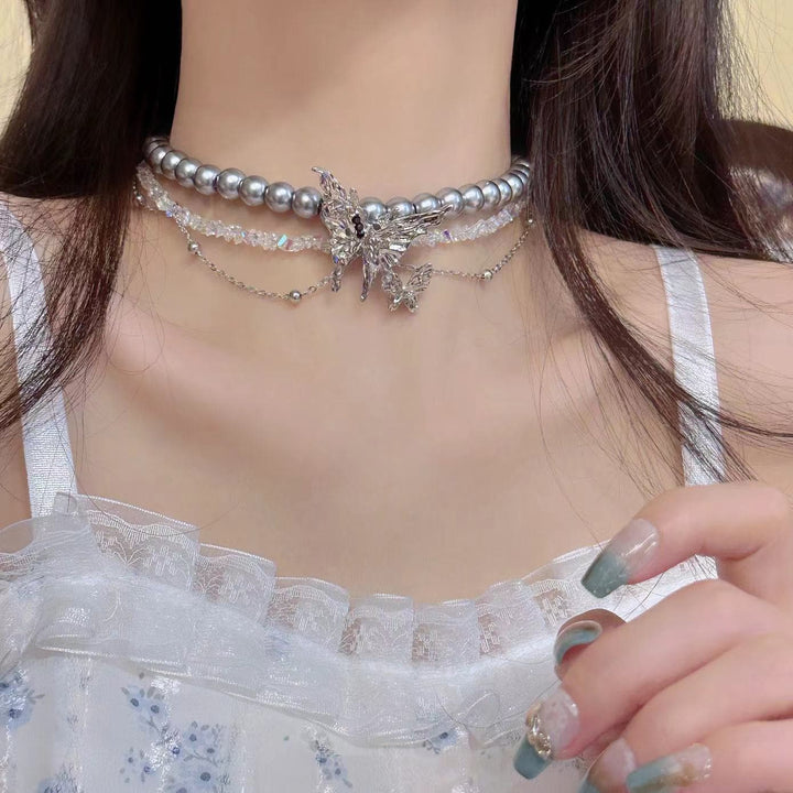 Butterfly decor layered faux pearl choker necklace  | Festival Outfits Women