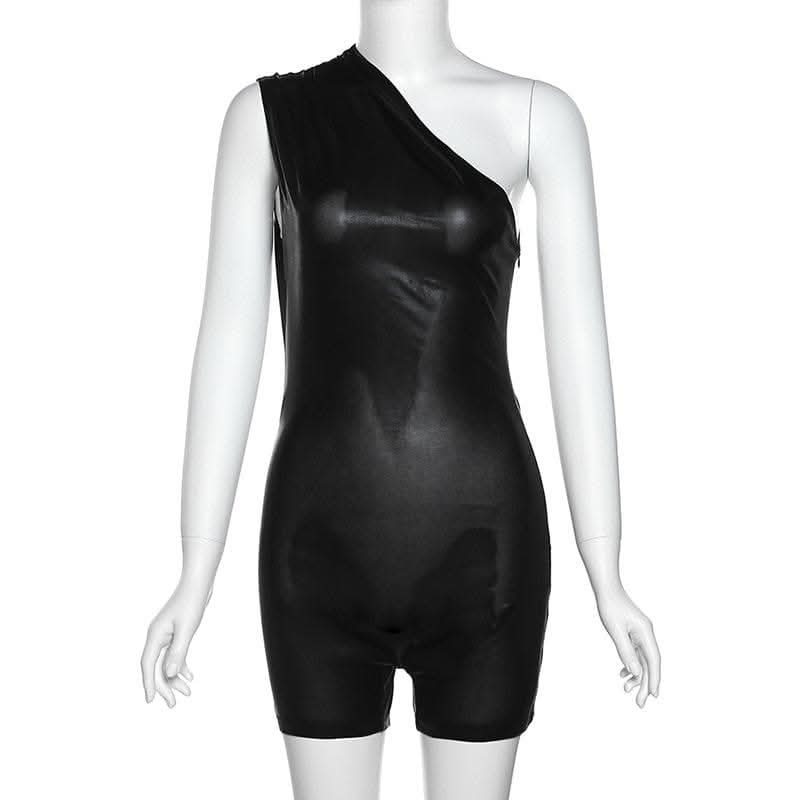 Irregular one shoulder metallic solid zip-up romper-final-sale  | Festival Outfits Women