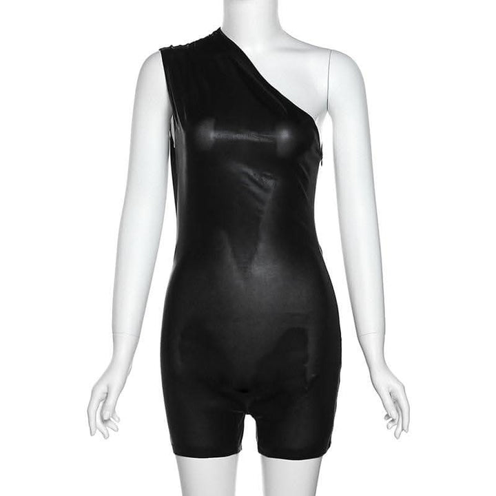 Irregular one shoulder metallic solid zip-up romper-final-sale  | Festival Outfits Women