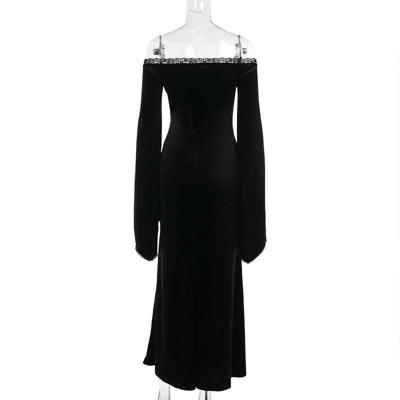 Off shoulder long flared sleeve velvet embroidery maxi dress-final-sale