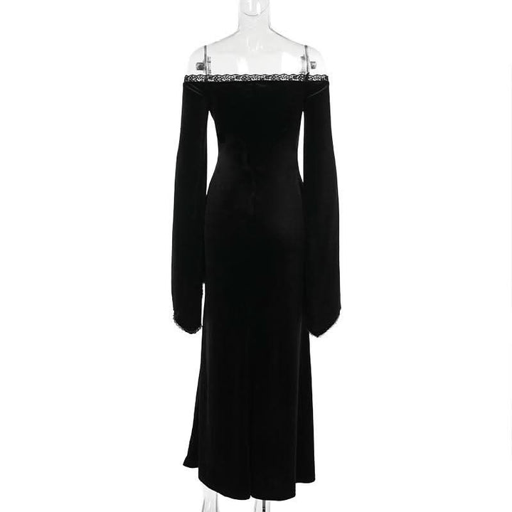 Off shoulder long flared sleeve velvet embroidery maxi dress-final-sale