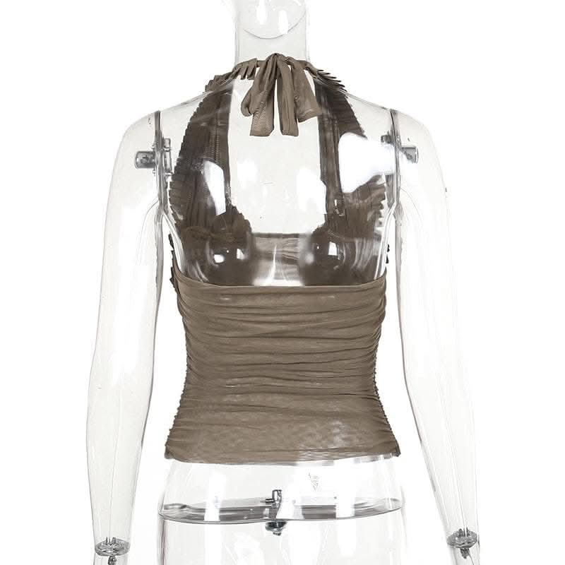 Halter pleated hollow out ruched mesh backless cut out top-final-sale  | Festival Outfits Women