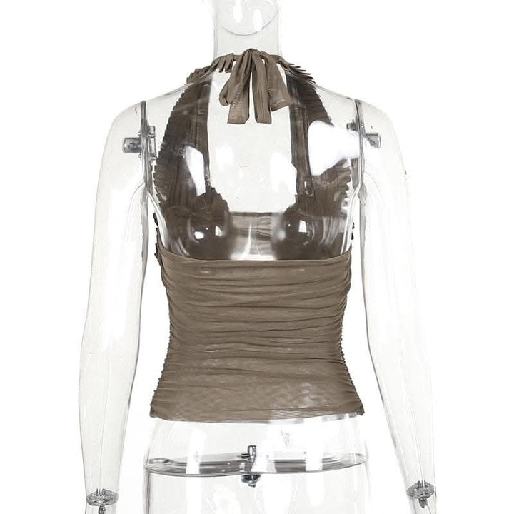 Halter pleated hollow out ruched mesh backless cut out top-final-sale  | Festival Outfits Women