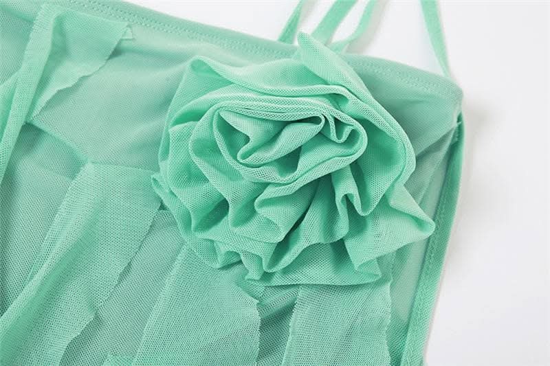 Ruffle solid self tie mesh flower applique ribbon midi dress-final-sale  | Festival Outfits Women
