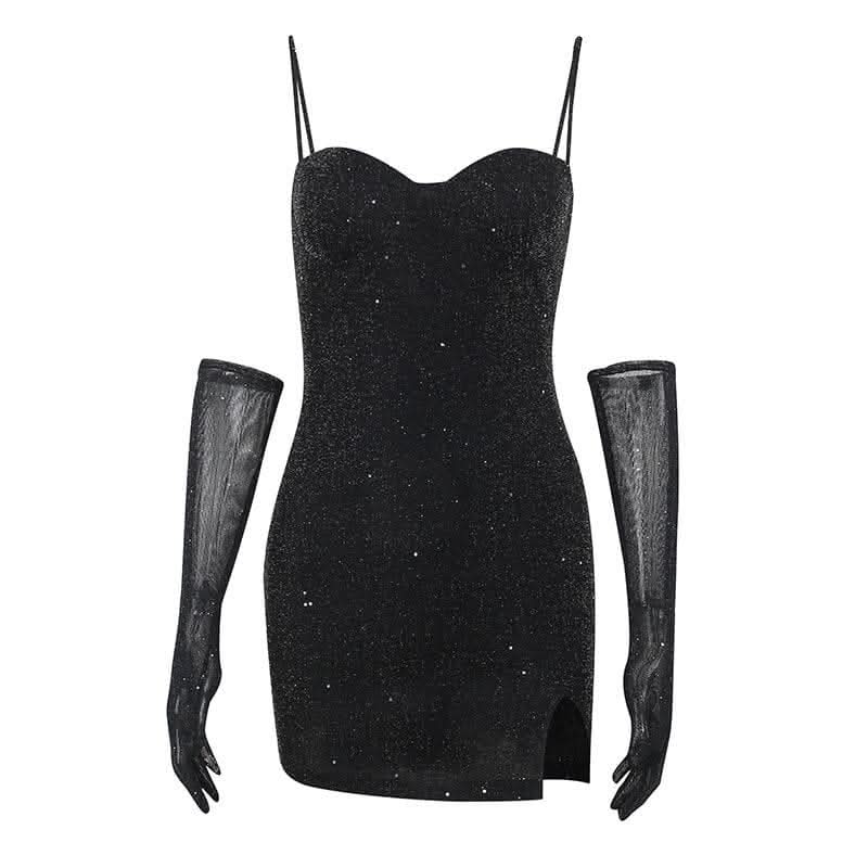 Gloves solid beaded slit sweetheart neck cami mini dress-final-sale