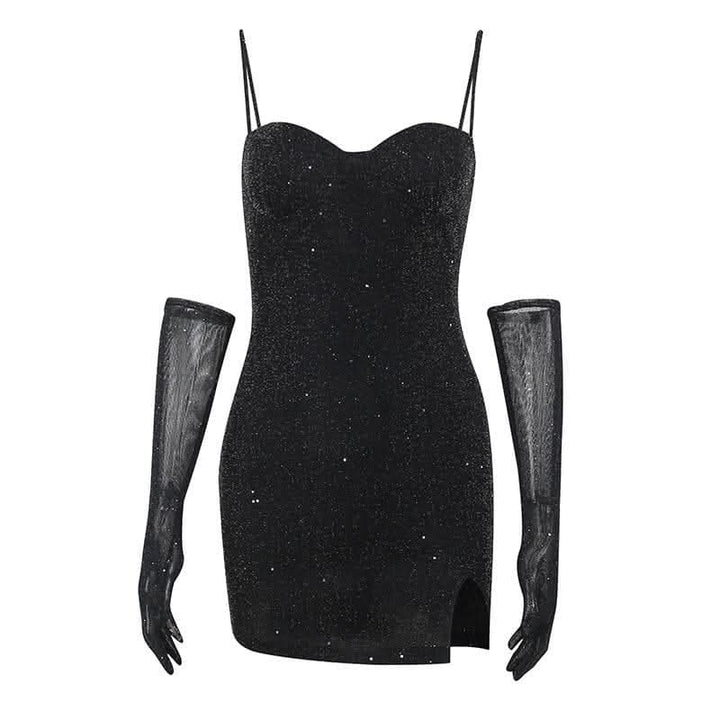 Gloves solid beaded slit sweetheart neck cami mini dress-final-sale