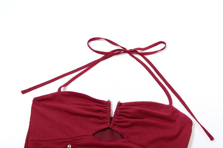 Halter ruched hollow out beaded cut out top  | Festival Outfits Women