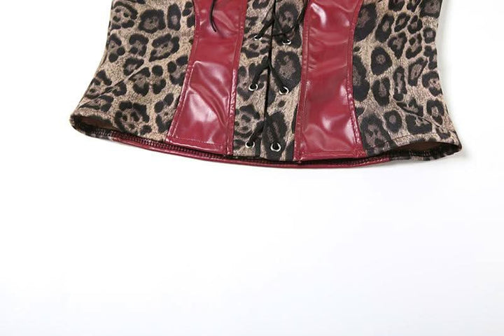 Leopard print lace up PU leather patchwork tube top  | Festival Outfits Women  | Cheetah Print Top