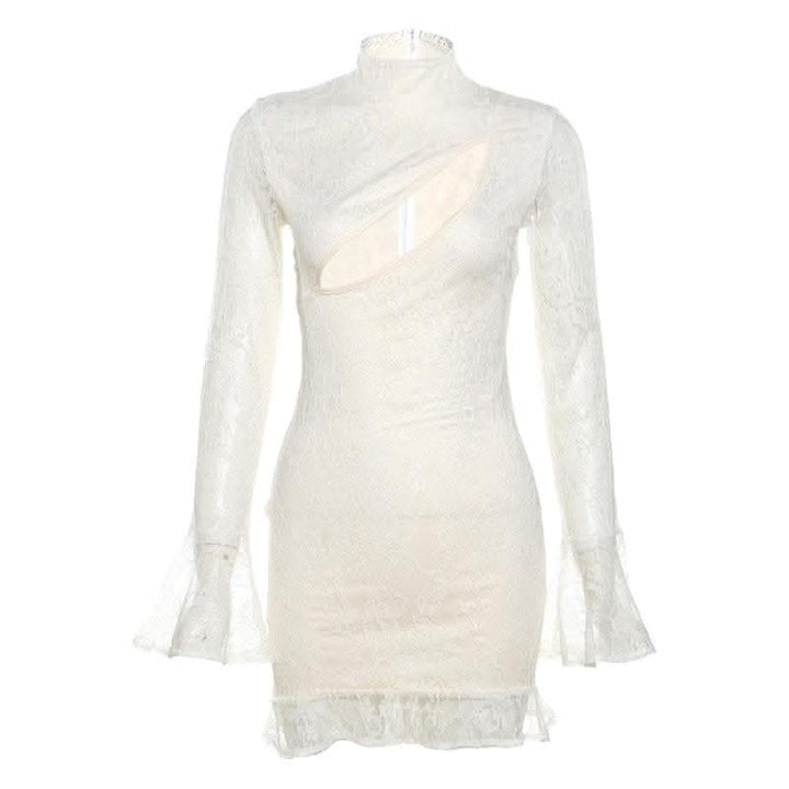 Lace solid long flared sleeve hollow out high neck ruffle mini dress-final-sale  | Festival Outfits Women