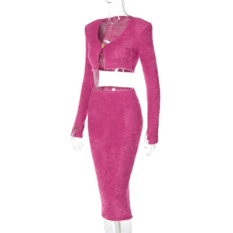 Textured button long sleeve gloves midi skirt set-final-sale  | Festival Outfits Women