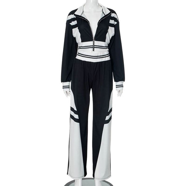Turnover collar zip-up contrast sports pants set  | Festival Outfits Women