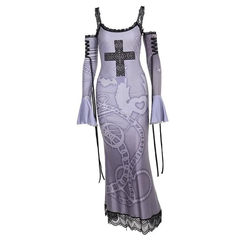 Long flared sleeve off shoulder cross print lace cami maxi dress-final-sale  | Festival Outfits Women