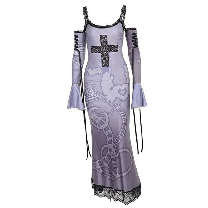 Long flared sleeve off shoulder cross print lace cami maxi dress-final-sale  | Festival Outfits Women