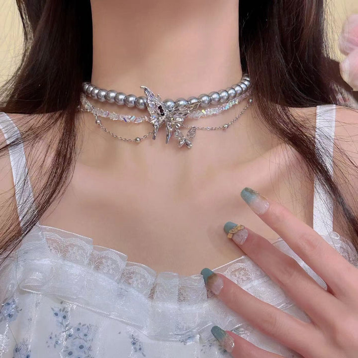 Butterfly decor layered faux pearl choker necklace  | Festival Outfits Women