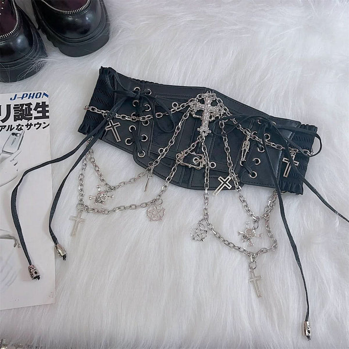 PU leather metal chain cross applique waist chain  | Festival Outfits Women