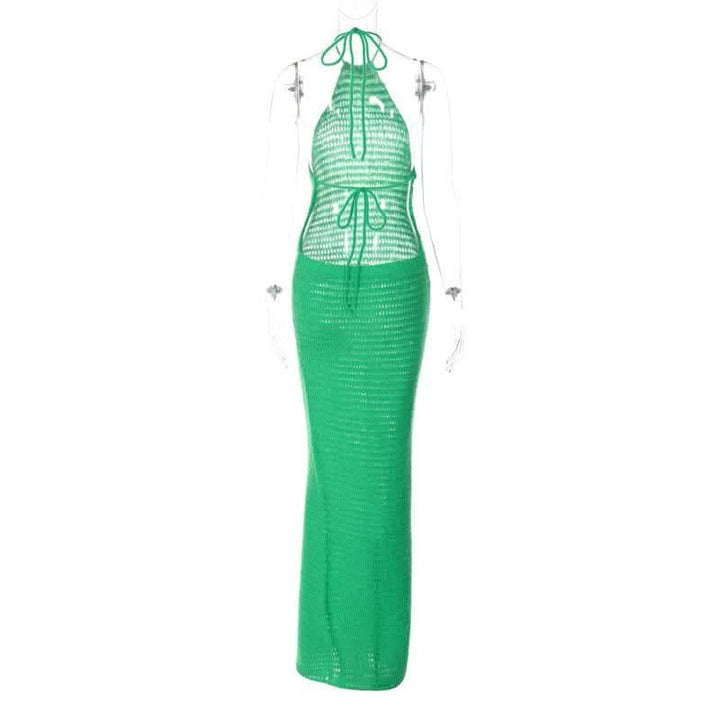 Crochet solid halter backless self tie maxi dress-final-sale  | Festival Outfits Women