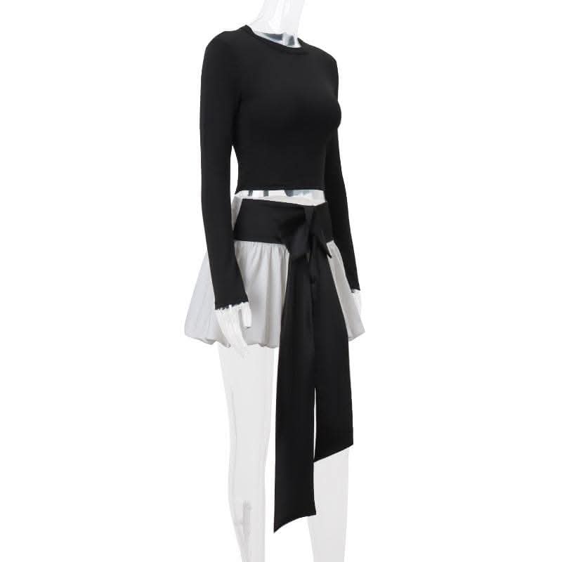 Long sleeve crewneck bowknot lace up ribbon ruched mini skirt set-final-sale  | Festival Outfits Women