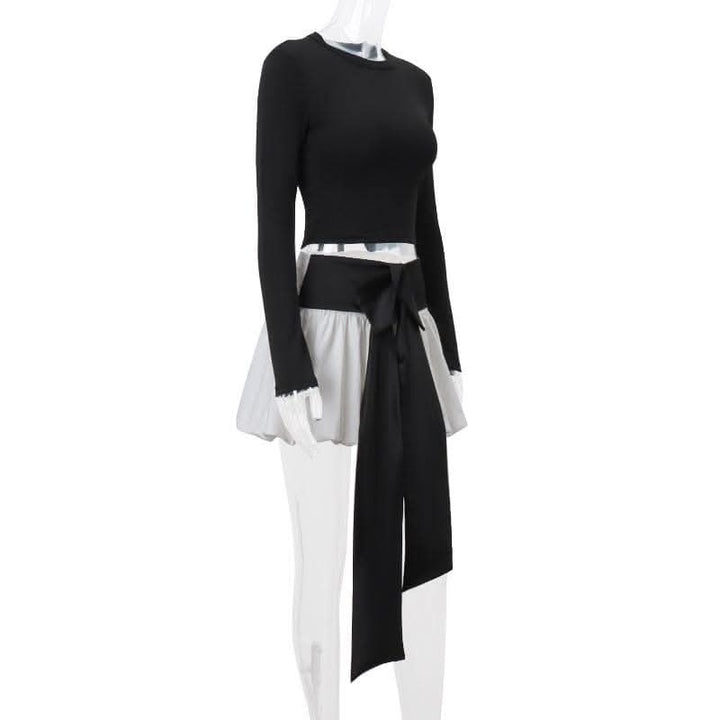 Long sleeve crewneck bowknot lace up ribbon ruched mini skirt set-final-sale  | Festival Outfits Women