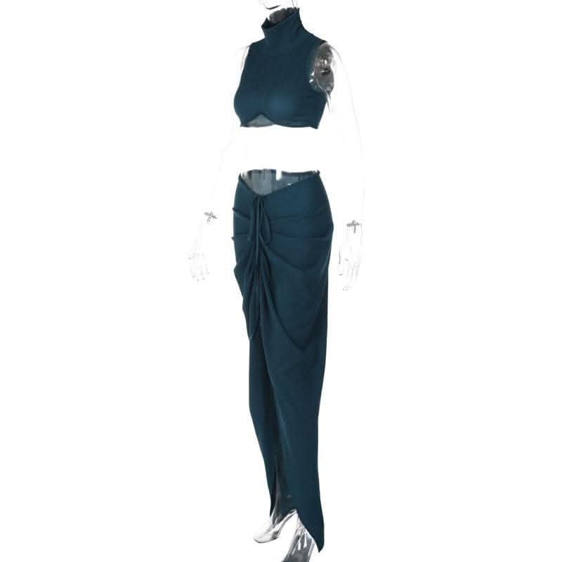 Slit textured sleeveless high neck ruched solid maxi skirt set-final-sale  | Festival Outfits Women