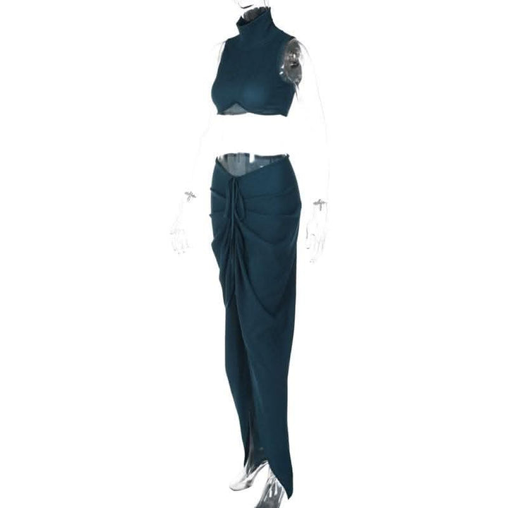 Slit textured sleeveless high neck ruched solid maxi skirt set-final-sale  | Festival Outfits Women