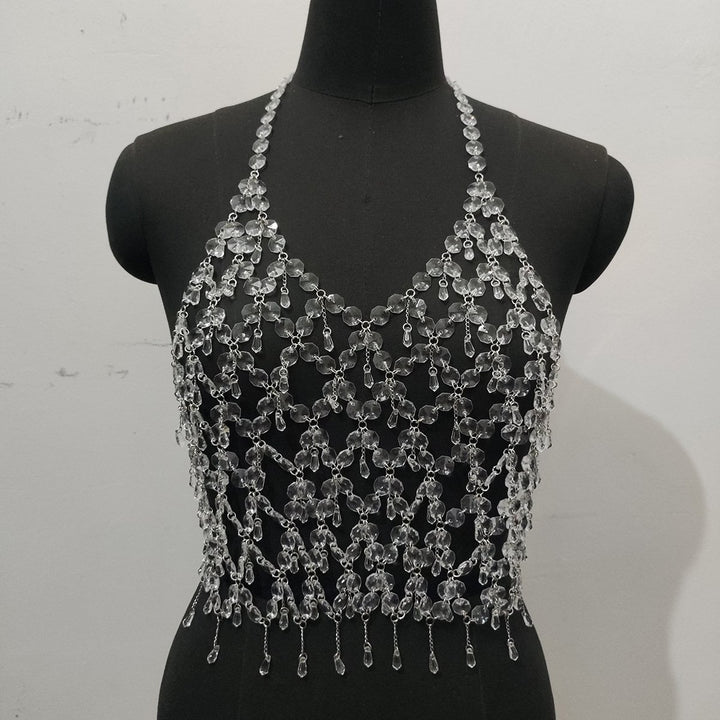 Metal chain plastic crystal halter backless top  | Festival Outfits Women