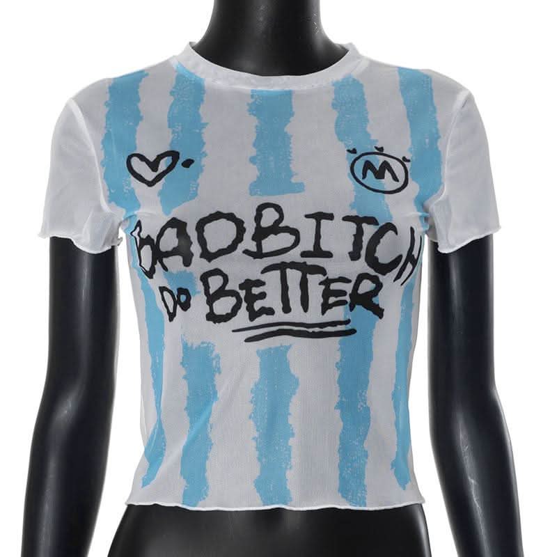 Short sleeve crewneck sheer mesh letter print crop top-final-sale