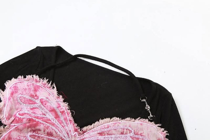 Long sleeve v neck butterfly embroidery halter contrast top-final-sale  | Festival Outfits Women
