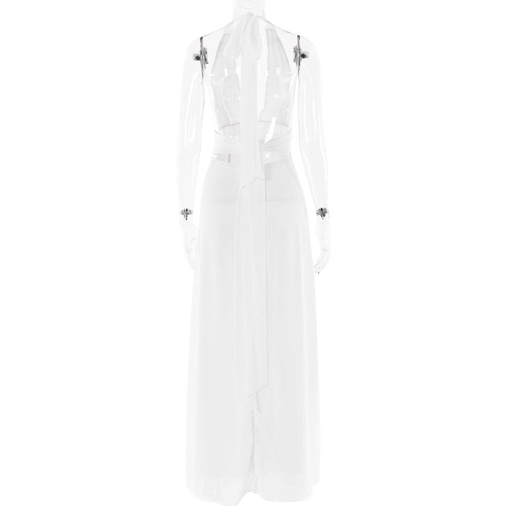 Halter deep v neck ruched high slit maxi dress  | Festival Outfits Women