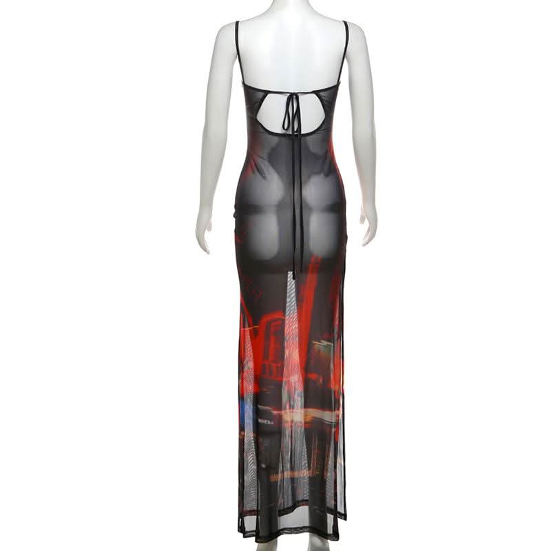 Abstract mesh high slit cami maxi dress  | Festival Outfits Women